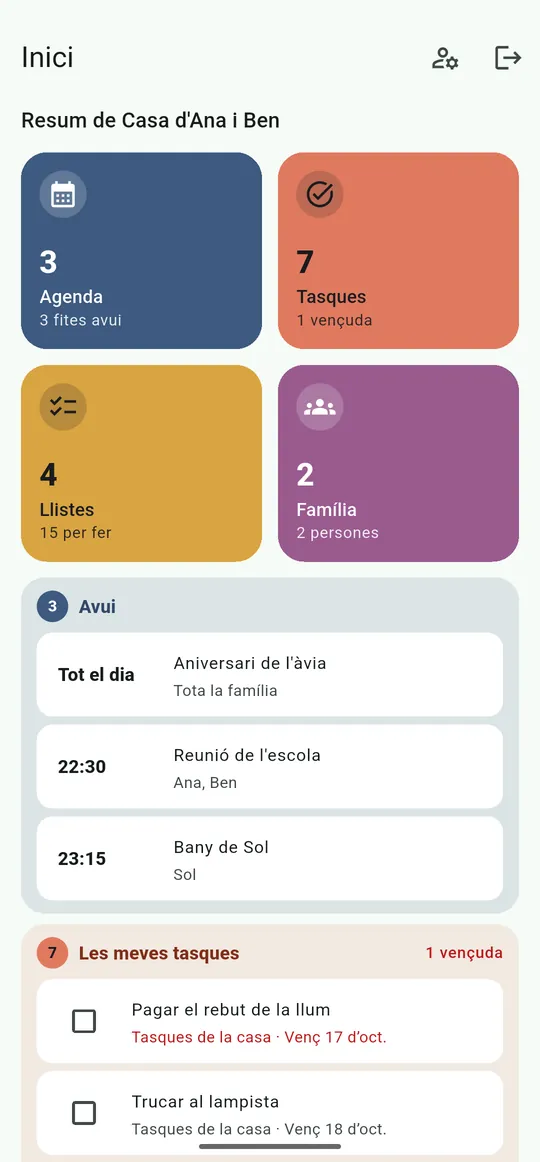 Pantalla d'inici amb targetes d'agenda, tasques, llistes i família, i el resum del dia