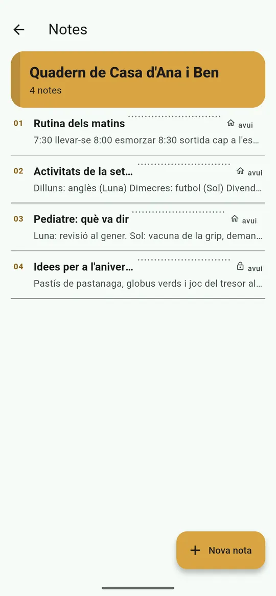 Quadern de la família amb notes privades, de tots o de persones concretes