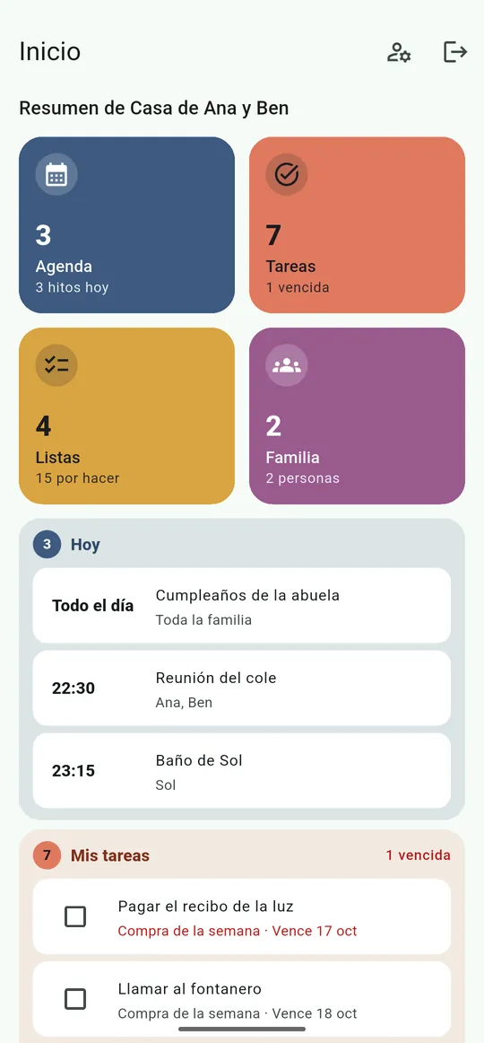 Pantalla de inicio con tarjetas de agenda, tareas, listas y familia, y el resumen del día