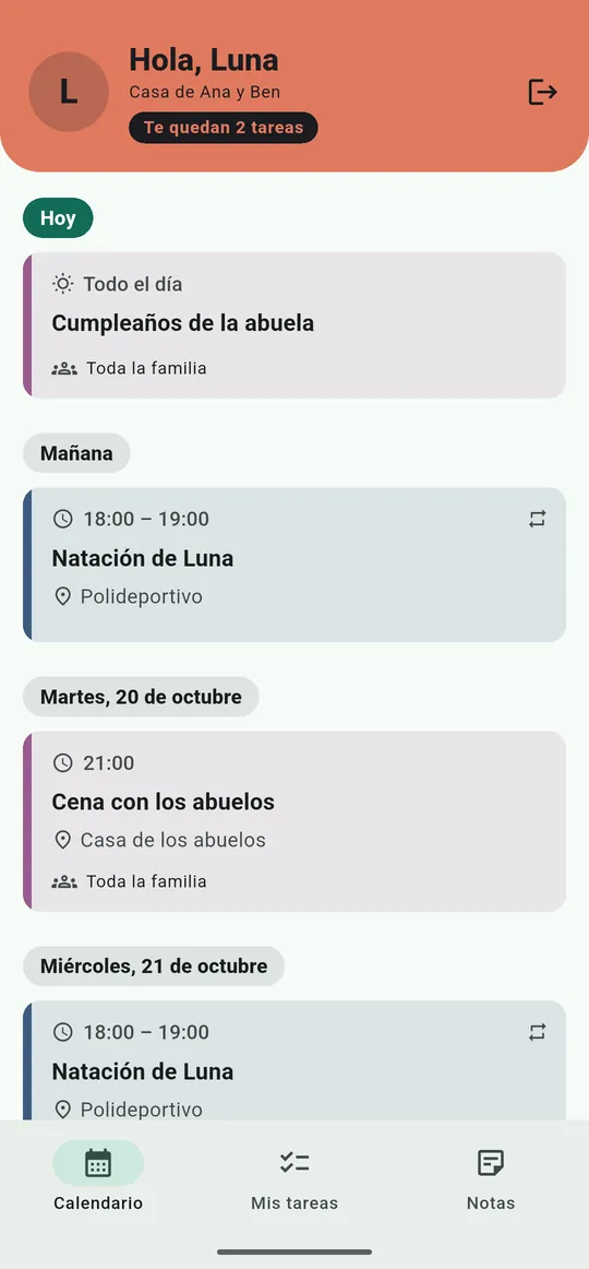 Pantalla de un menor con móvil tras entrar con un código: su calendario y solo lo que le corresponde