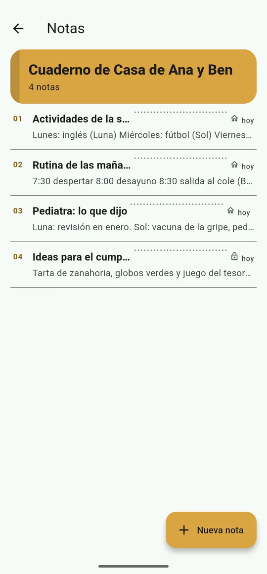 Cuaderno de la familia con notas privadas, de todos o de personas concretas